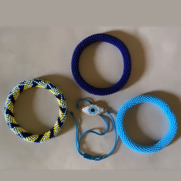 Blue Seed Glass Beaded Bangle Bracelets Set with Evil Eye Miyuki String Bracelet - Picture 2 of 2